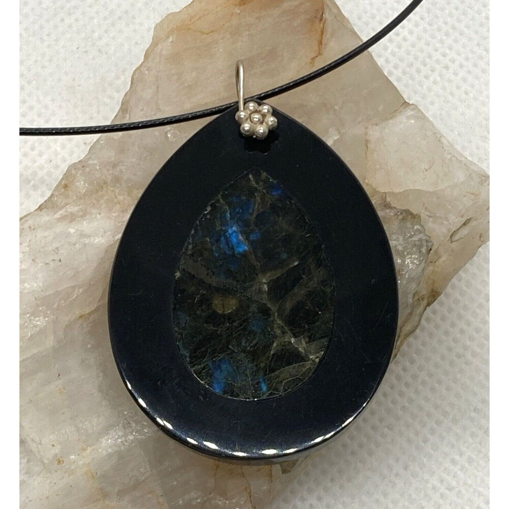 Vintage Labradorite Stone Inlay Pendant 18.5'' Necklace Sterling 925 Silver 16g